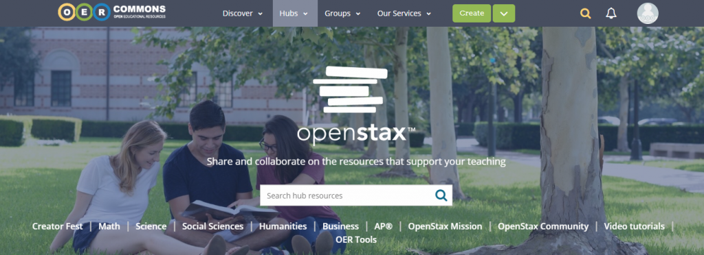 screenshot of OER Commons' OpenStax Hub.
