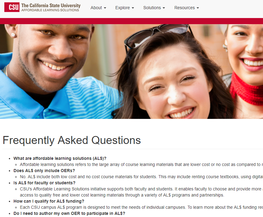 A screencap of the California State University website, with an FAQ for the affordable learning solutions initiative on campus.