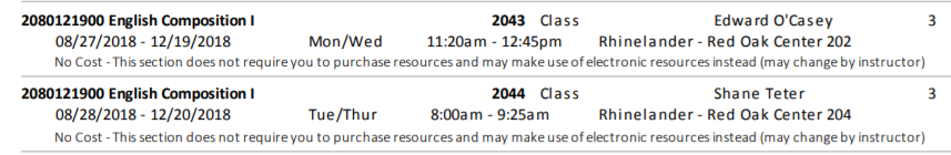 Course notes in English Composition classes that state "no cost- this section does not require you to purchase resources and may make use of electronic resources instead"