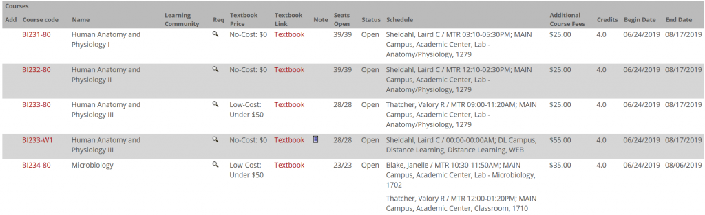 JICS Course Schedule view of No Cost and Low Cost course markings