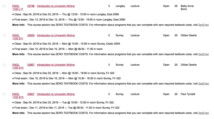 Screenshot of four Zed Cred section listings that include the note: "This section has ZERO TEXTBOOK COSTS. For more information about programs that you can complete with zero required textbook costs, visit ZedCred."