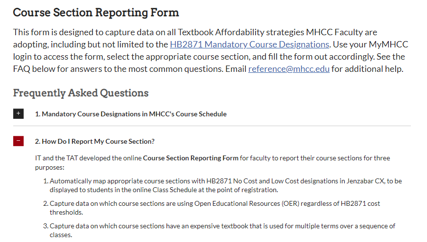 Course section reporting form for Mt Hood Community College. The form includes directions and a frequently asked questions feature.