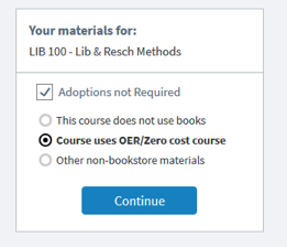 Akademos interface that instructors use to designate that a course uses OER/ Zero cost materials
