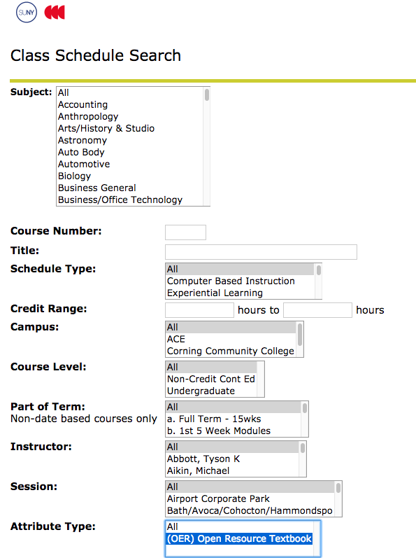 Screenshot of Corning Community College course schedule with OER highlighted