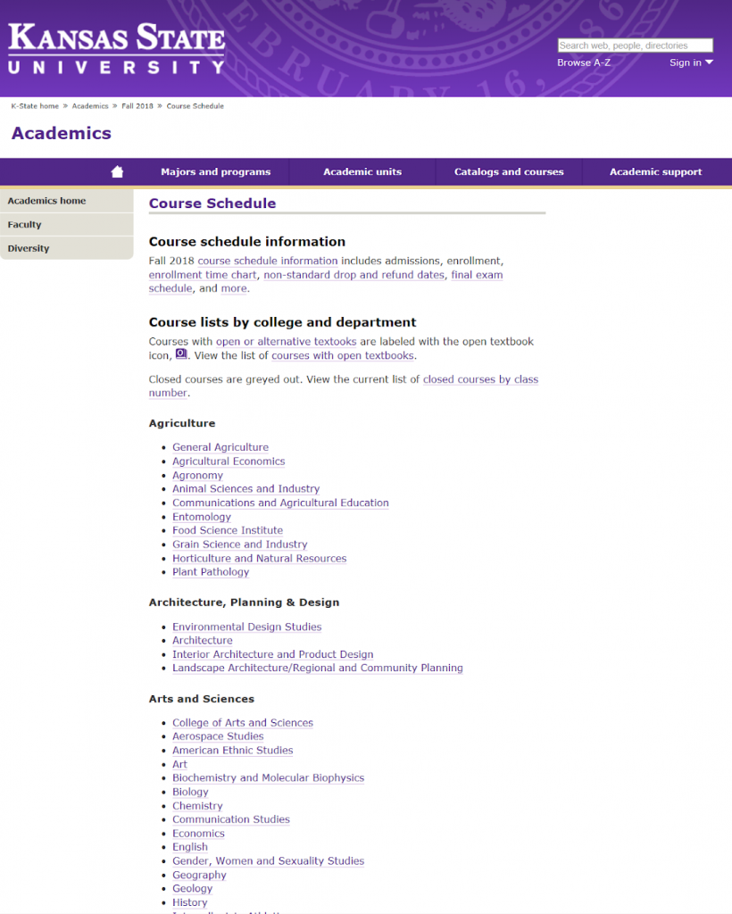 K-State Course Schedule page from Fall 2018 with new icon and open/alternative information and text added in area at top of page as students had requested.
