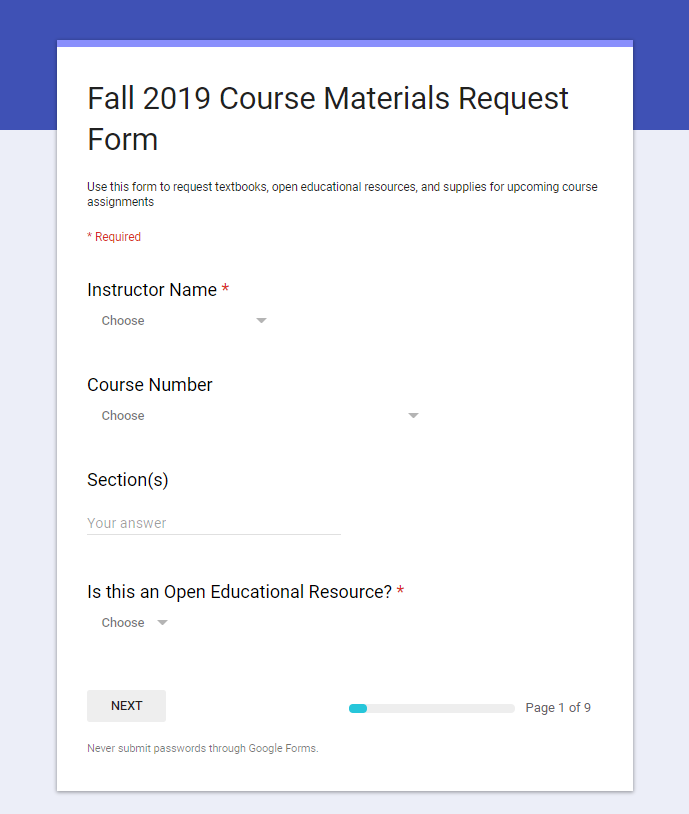 A screenshot of FM's course material request form completed by faculty each semester now includes an OER option