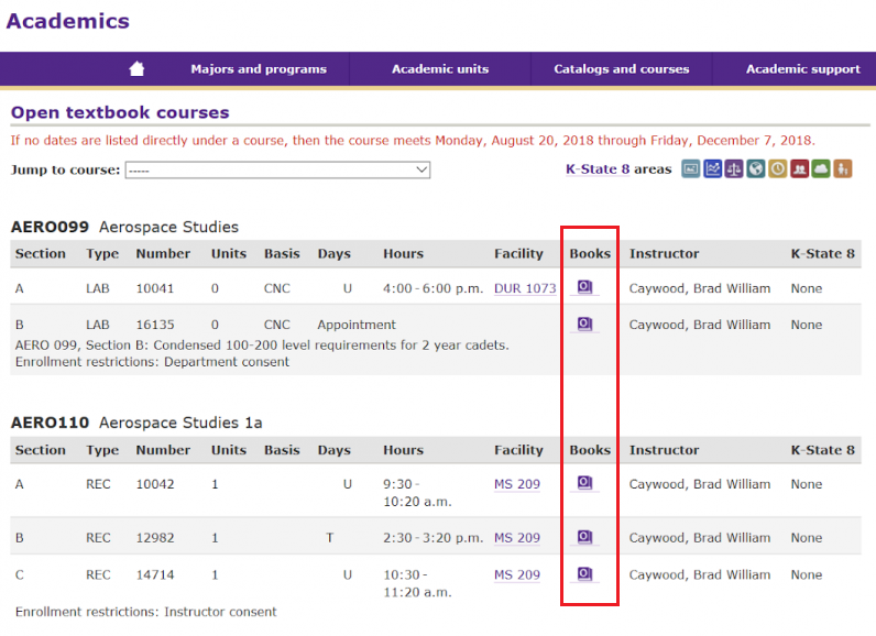 Fall 2018 K-State Course Schedule list of only approved open textbook courses page. New O Purple Textbook Icons under the Books column replacing the traditional textbook icon in the course schedule.