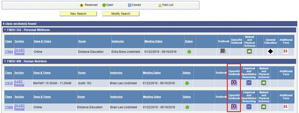 Display of icon in Peoplesoft, where students elect courses which they want to enroll. New Column, Open/Alt Textbook, added for easy identification