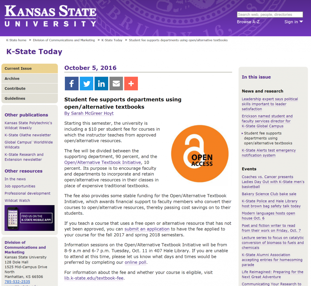 Webpage featuring the K-State Today announcement introducing the fee to the local community.