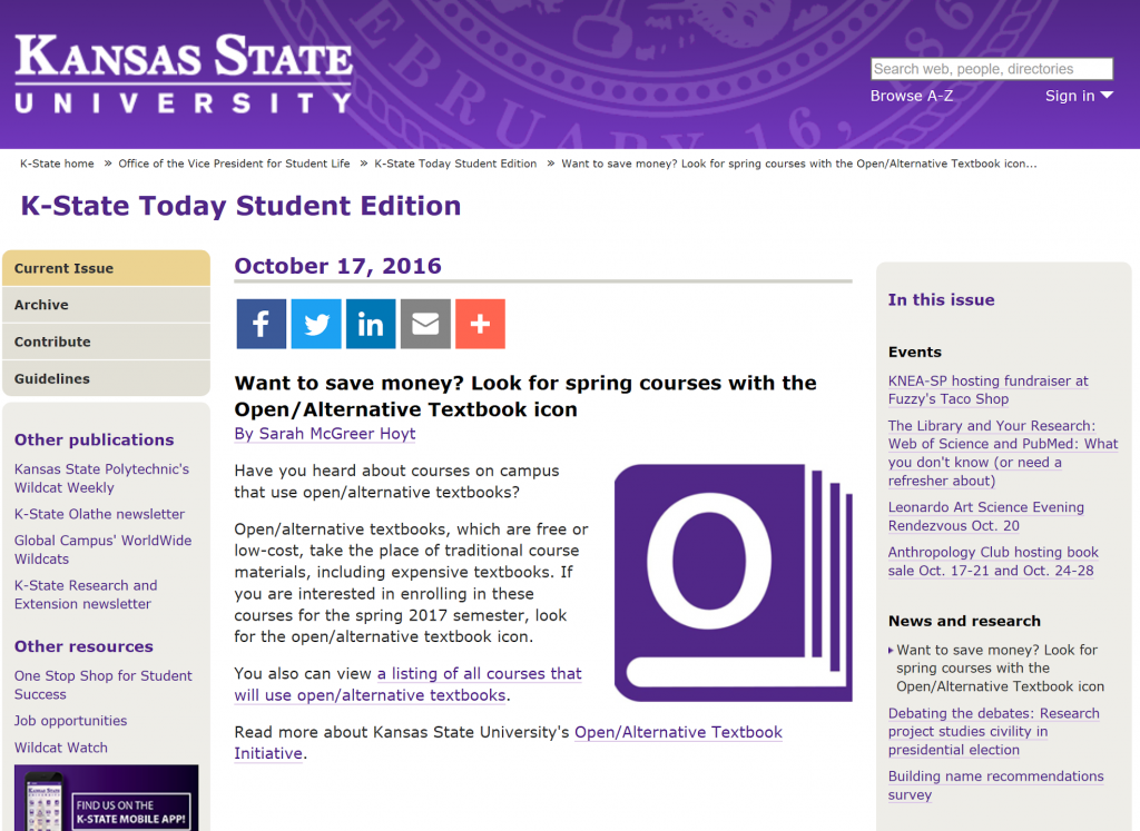 Website featuring the K-State Today Student Edition article introducing the icon and encouraging students to look for these open and alternative courses.