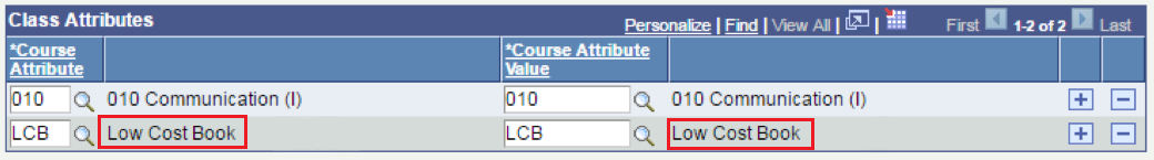 The "Class Attributes" table includes a list of common course attributes. In this example, a course is tagged with "010" "Communication (I)" and "LCB" "Low Cost Books." The Low Cost Books attribute is highlighted.