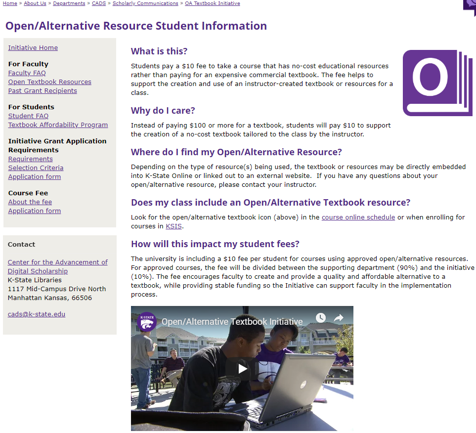Displays a typical course catalog page for a K-State student. In the Books Column there is an icon display of an open book. Students are able to select this icon to take them directly to the resource purchase page at the bookstore.