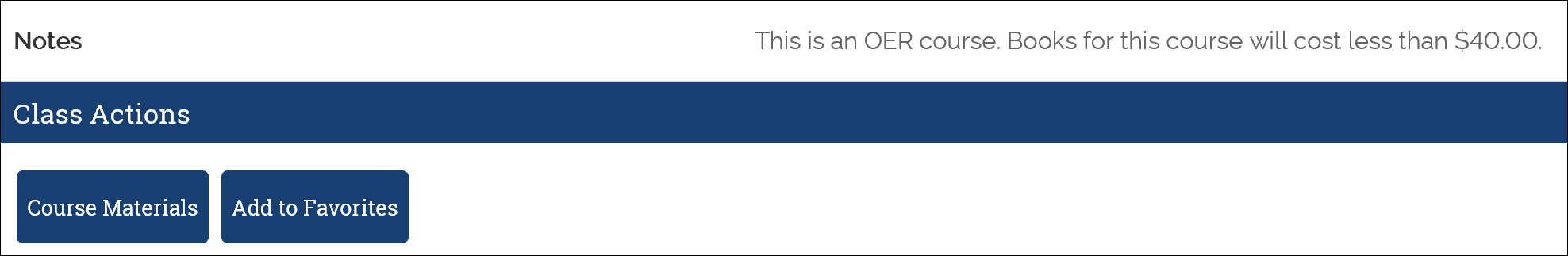 A header explaining that it is an OER course and the books for this course will cost less than $40