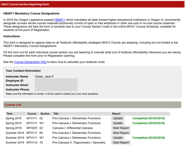 Faculty view of MHCC’s Course Section Reporting Form (CSRF)