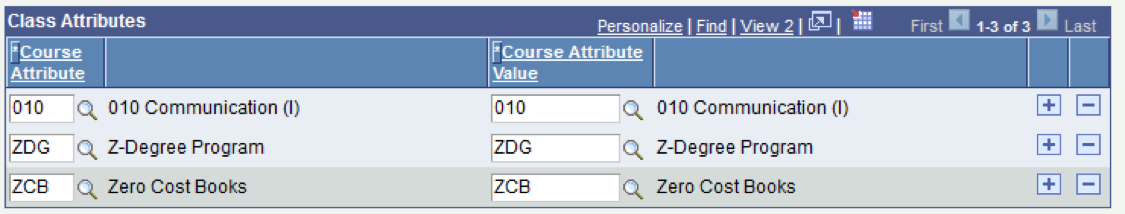 This table presents the "Class Attributes" section of course scheduling in PeopleSoft. This course has three course attributes: "010" "Communications (I)", "ZDG" "Z-Degree Program", and "ZCB" "Zero-Cost Books."