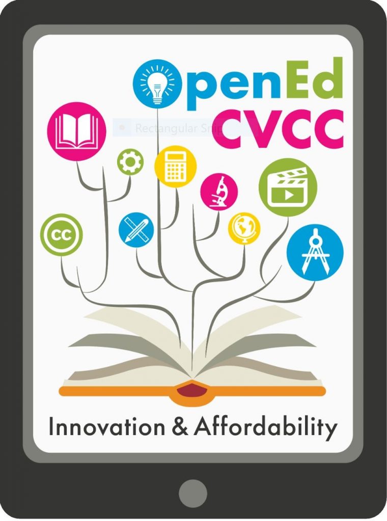 CVCC's newly created logo, which emphasizes innovation and affordability and presents images of learning objects like books, calculators, Creative Commons licenses, pencils.