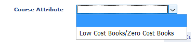 The Course Attributes selection under the search menu. A drop-down menu is activated, presenting one option: Low Cost Books/Zero Cost Books.