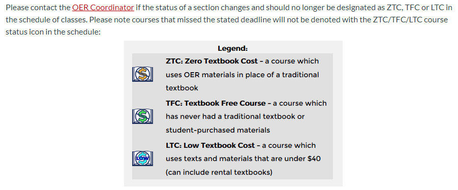 A legend explaining the difference between three course markings: ZTC (zero cost), TFC (textbook-free), and LTC (low cost).