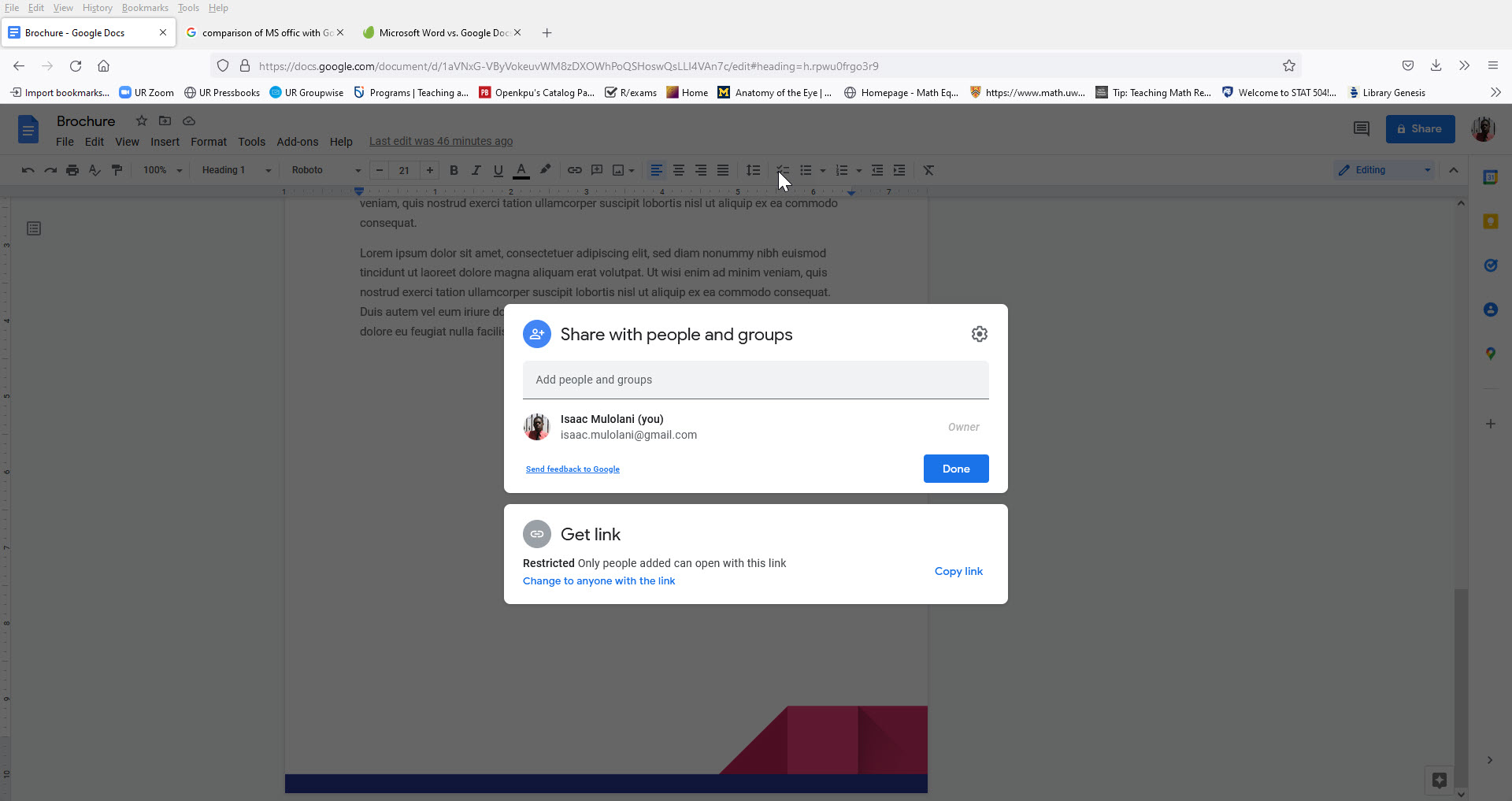 Google Docs editing menu with sharing option active