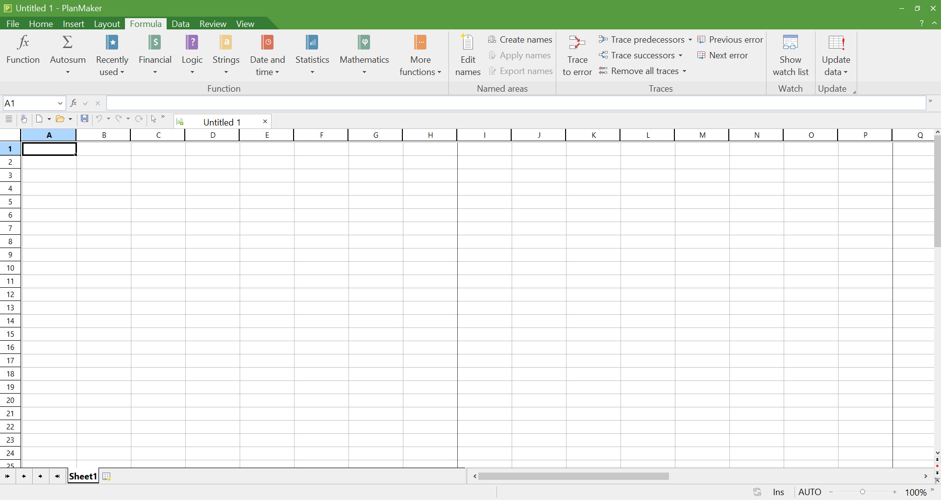 A blank PlanMaker spreadsheet showing the Formula menu options.