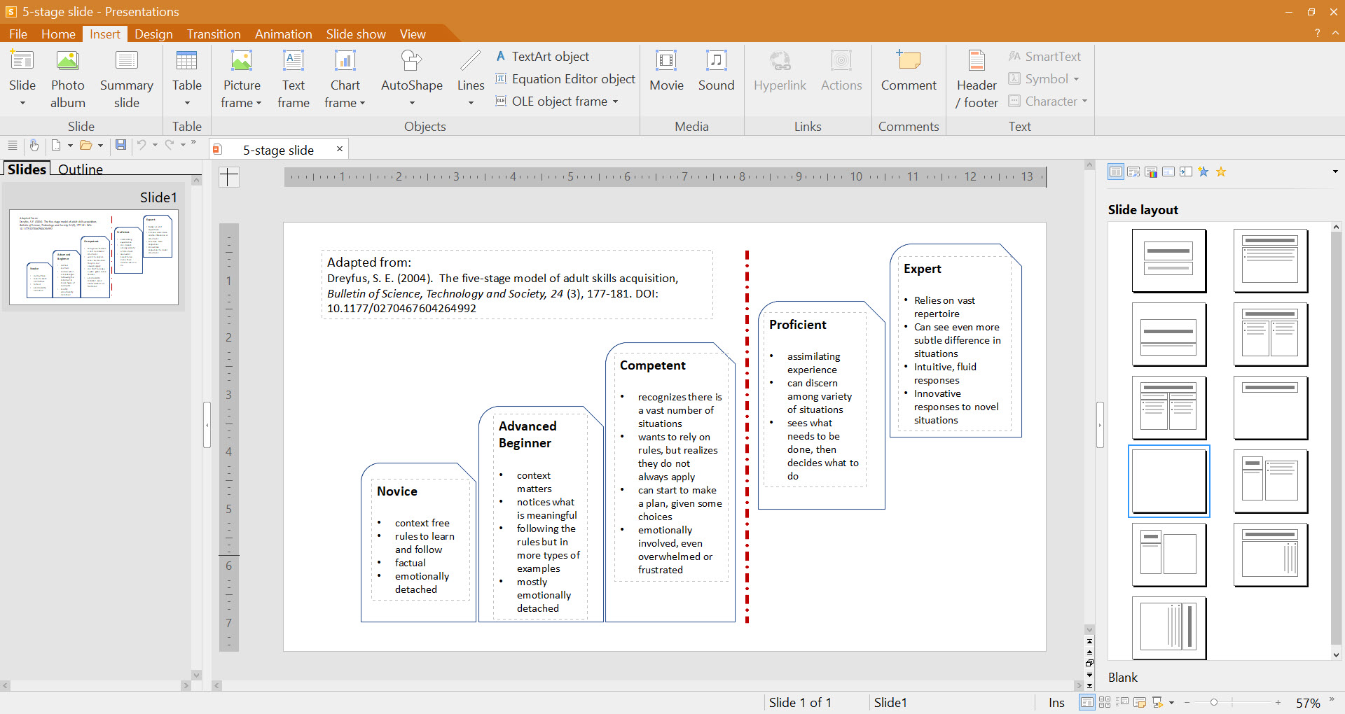 A slide open in SoftMaker Presentations editor showing the Insert menu options.