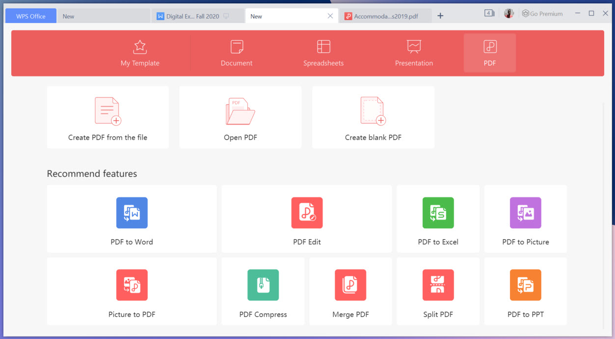 The menu for WPS PDF showing options for editing new documents.