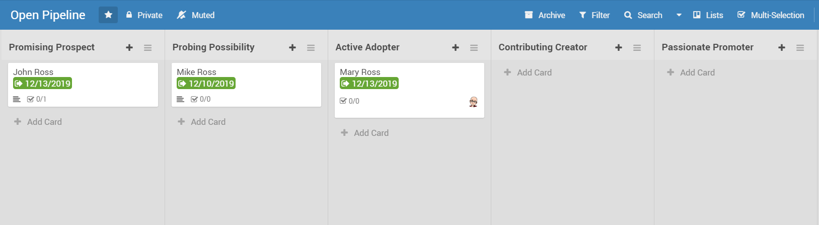 Open pipeline Kanban board with faculty cards. Here, we have a Promising Prospect, Probing Possibility and an Active Adopter.