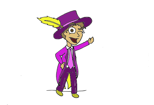 a person dressed in a purple suit with a yellow feather in their purple hat
