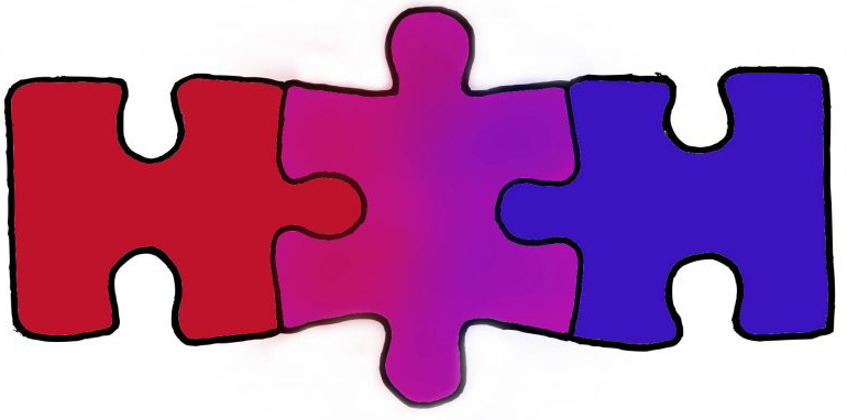 One idea shown with a blue puzzle piece, another idea shown with a red puzzle piece, and a third purple puzzle piece that connects the ideas together.