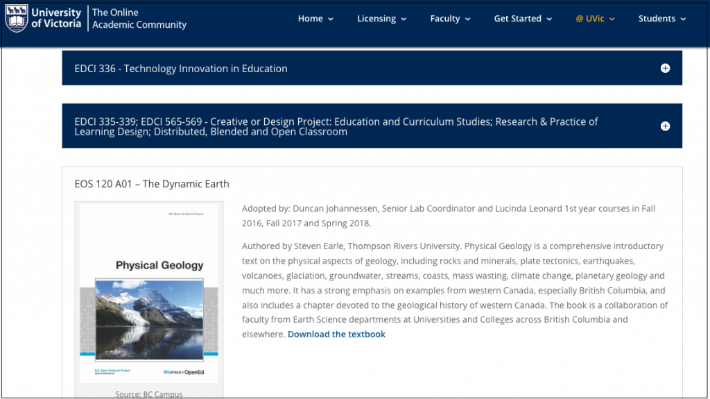 Webpage listing UVic courses and the open textbooks they have adopted.