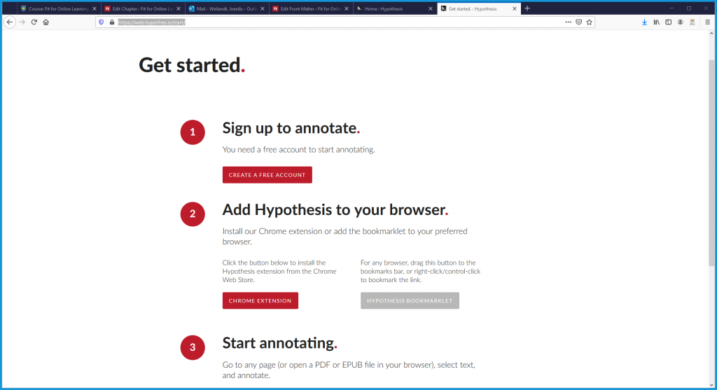 This pictures shows the Getting Started page of Hypothesis accessible under https://web.hypothes.is/start/