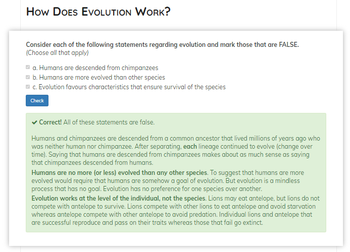 Picture of multiple-select quiz about human evolution. Feedback is provided when students get the correct answer.