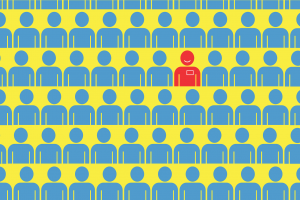 Cartoon image of red man among crowd of blue men