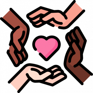 Black, brown, and white hands encircle a heart.