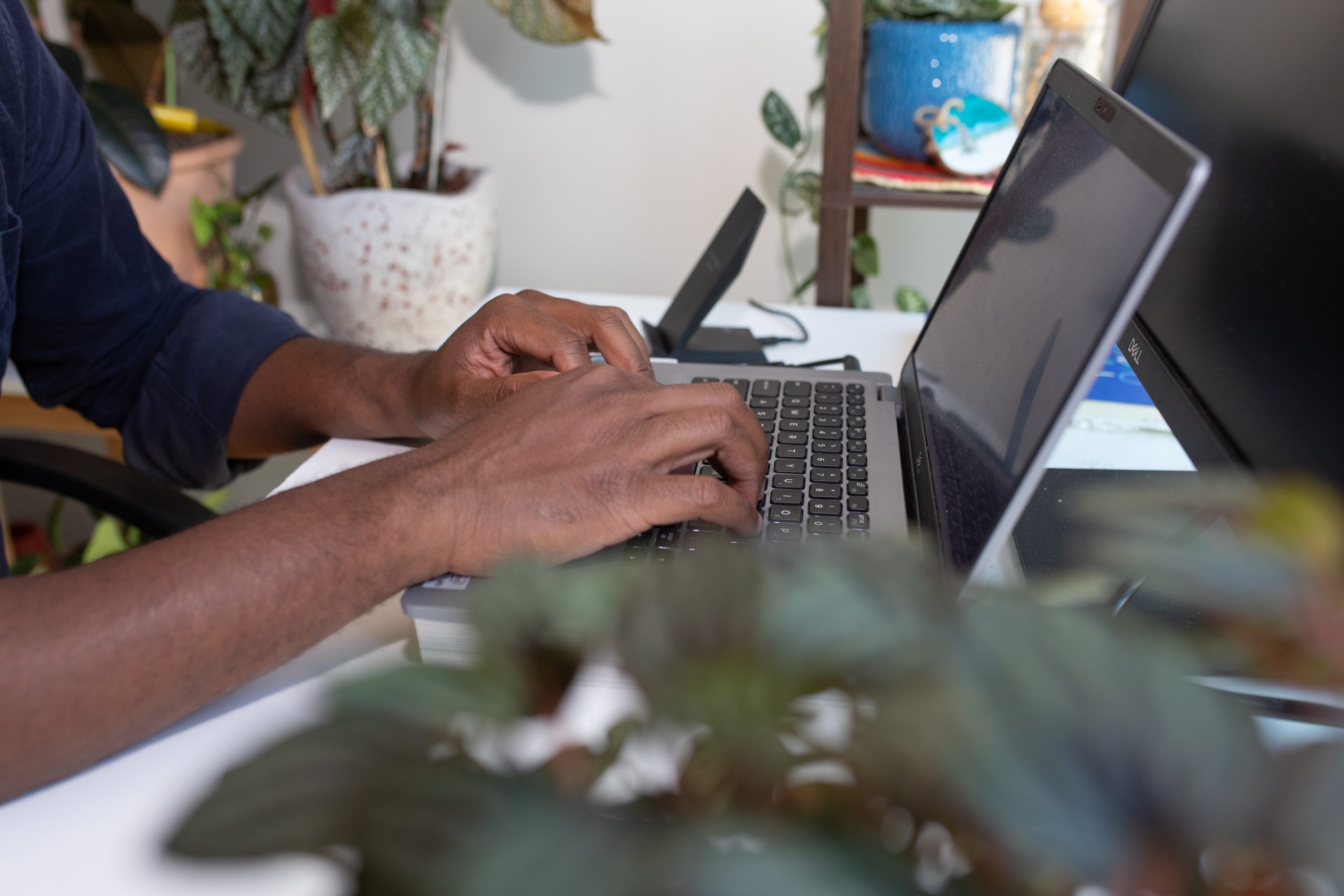 A black man, sits at a desk typing at a computer, only his arms are visible, in a room with plants.