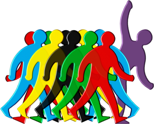 Graphic of multicoloured human silhouettes with purple silhouettes leading them on