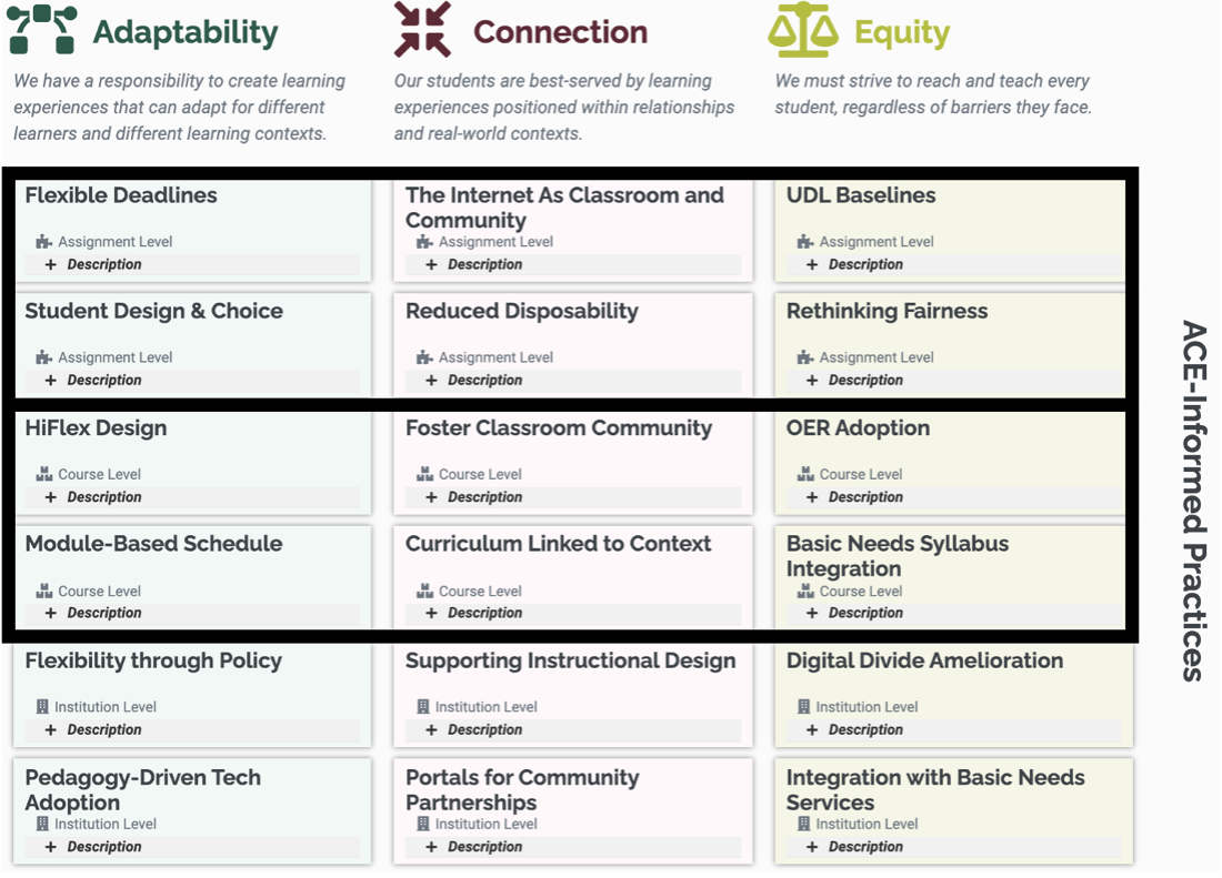 The ACE Framework is presented as a table, with one column each for Adaptability, Connection, and Equity. Six rows in each column contain links to web pages with ideas for modifying a course.