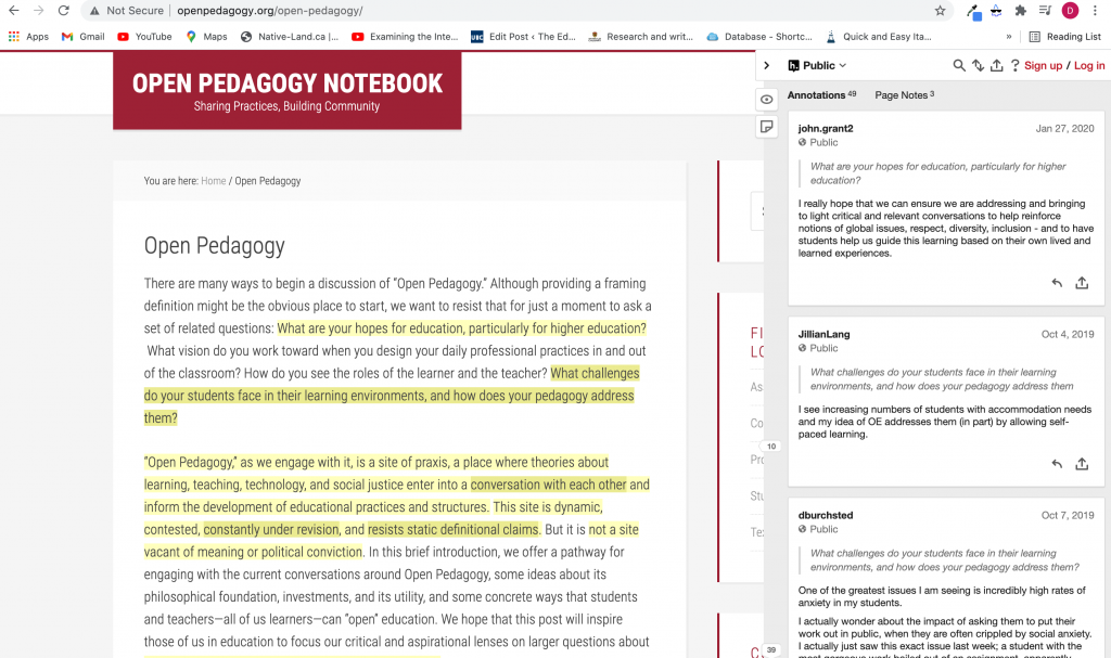 Screen capture of a web page from the Open Pedagogy Notebook site. The right margin contains annotations made using Hypothes.is.