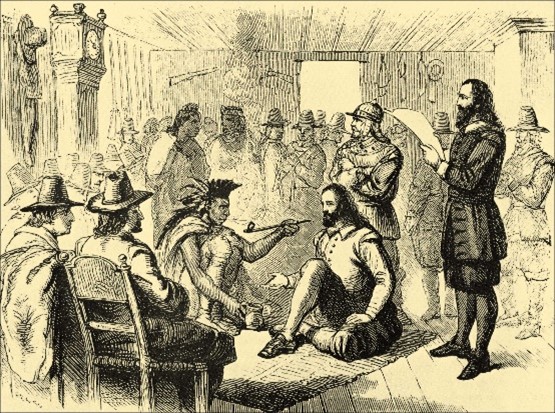 old illustration of room full of English settlers speaking to a Native American man