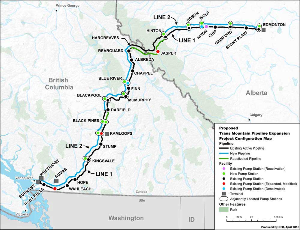 Map of Proposed Trans Mountain Pipeline Expansion Project Configuration showing pipeline running from Edmonton to the Port of Burnaby near Vancouver. In addition to active pipeline running the entire way there is also new pipeline twinning the active pipeline most of the way with a small section over the Alberta BC border where active pipeline is twinned by reactivated pipeline.