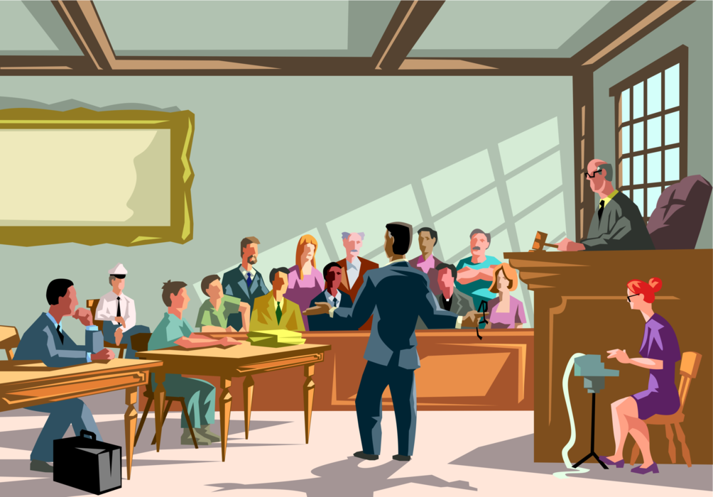 Illustration of a trial in a courtroom
