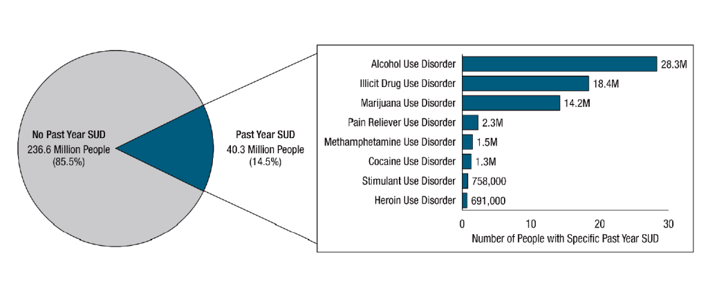 Pic chart and bar graph depicting Number of People Aged 12 and Older with a Substance Use Disorder in 2020