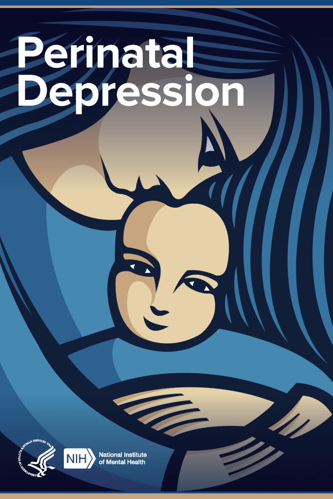 Illustration of a woman holding a young child, with words Perinatal Depression displayed at top