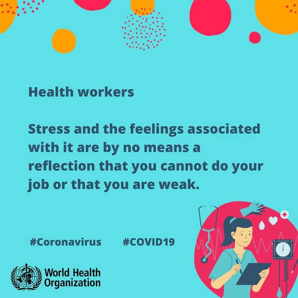 Image showing a positive affirmation social media tile from the World health organization reminding workers that stress does not mean they cannot do their job