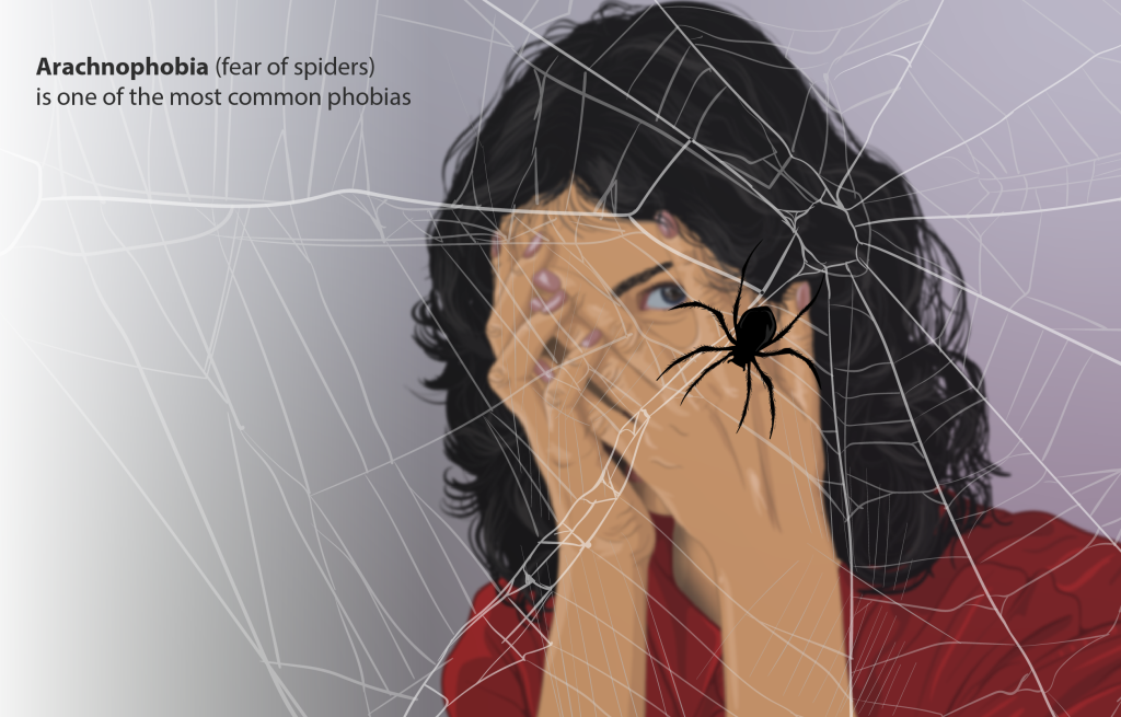 Illustration showing a woman hiding behind her hands from a spider