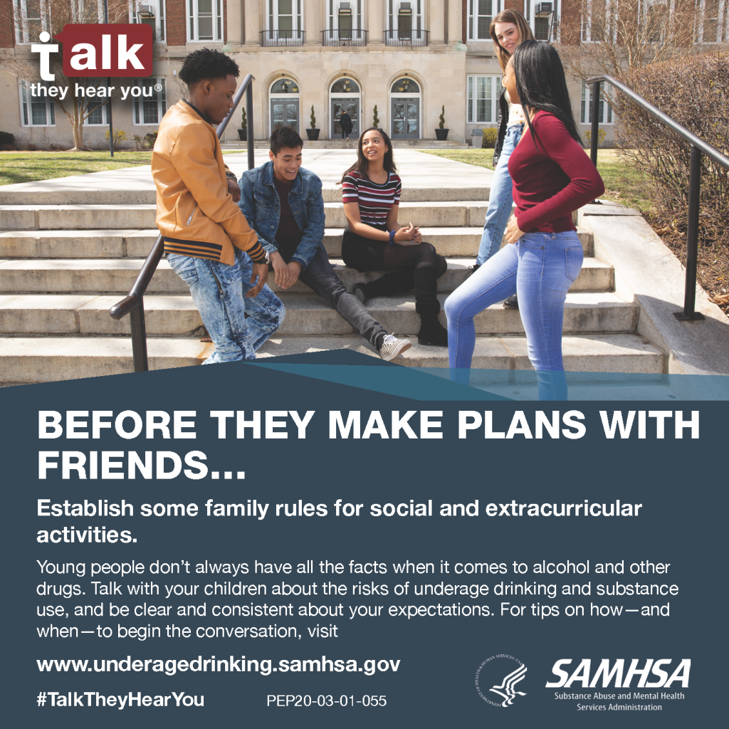 Image from “Talk. They Hear You” Campaign, showing teens sitting and standing in a group around an outdoor staircase