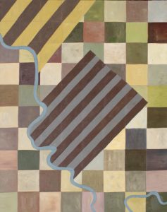 A painting that includes two oblique striped rectangles against a background of smaller squares. The rectangles end at a winding river. The whole gives an impression of a map.