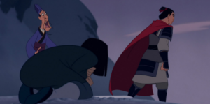 Mulan cowering while Shang turns his back on her