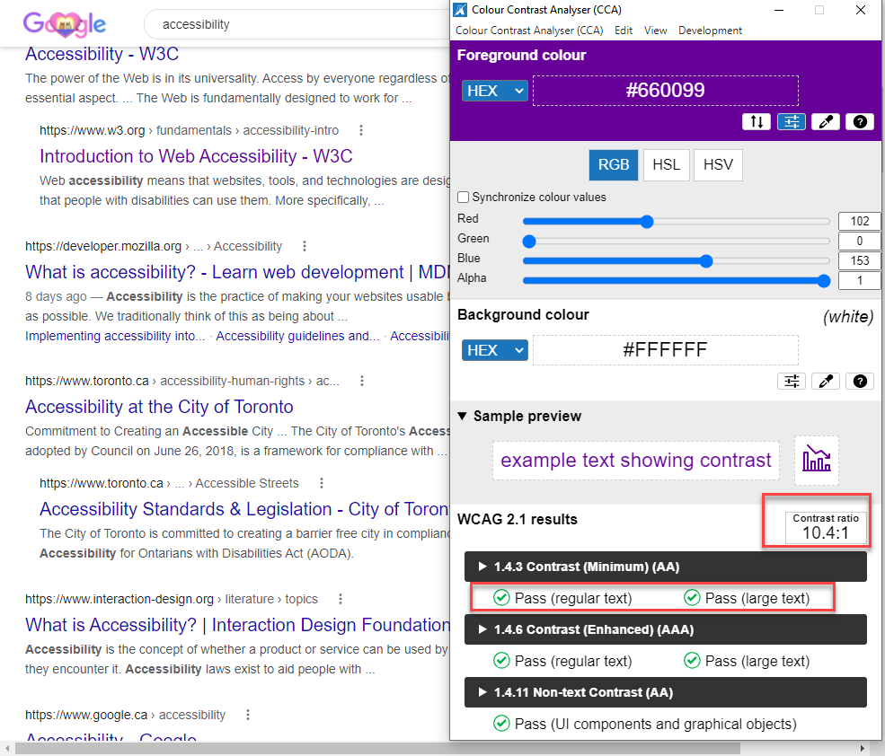 The Contrast ratio is displayed after sampling two colours