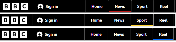 Screenshots of a BBC navigation bar, when tabbing through the links, each link is underlined with a different colour